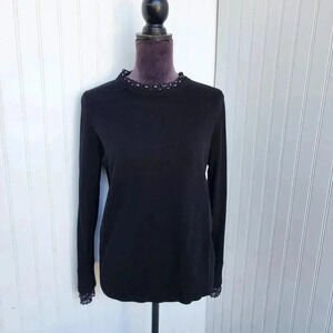 Vila Milano Office Black Wool Blend Sweater Pleated Ruffle Polka Collared Cuff L